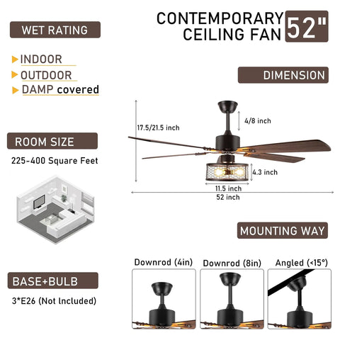 Diagram of 52 Inch Dope Farmhouse Ceiling Fan With Lights And Remote, Rustic Caged Light Fixture, dimensions and mounting options