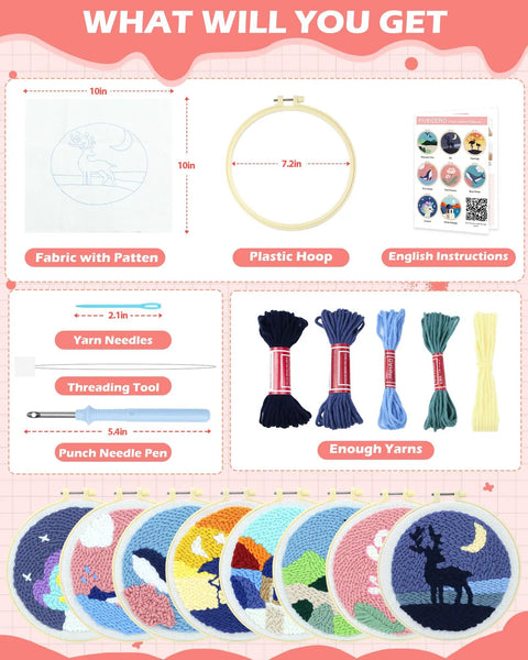 DIY Punch Needle Kit For Beginners With Elk Pattern, All In One Embroidery Set With Hoop, Colorful Yarn, Punch Needle Pen