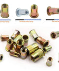 Top Shelf Carbon Steel Rivet Nuts M6 Thread Inserts Half Hex Nutsert Assortment Kit 60 Pieces Zinc Plated Yellow close-up view of various nut shapes.