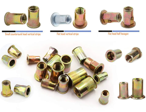 Top Shelf Carbon Steel Rivet Nuts M6 Thread Inserts Half Hex Nutsert Assortment Kit 60 Pieces Zinc Plated Yellow close-up view of various nut shapes.