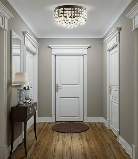 Hallway with 14.5 Inch Black Three Light Iron And Crystal Flush Mount Drum Ceiling Light With Faceted Crystal Drops for ultra glam feel