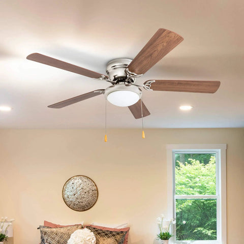 52 Inch Hugger Ceiling Fan With Bowl Light Kit In Brushed Nickel, 5 Dual Finish Blades In Walnut And Chocolate, Room View