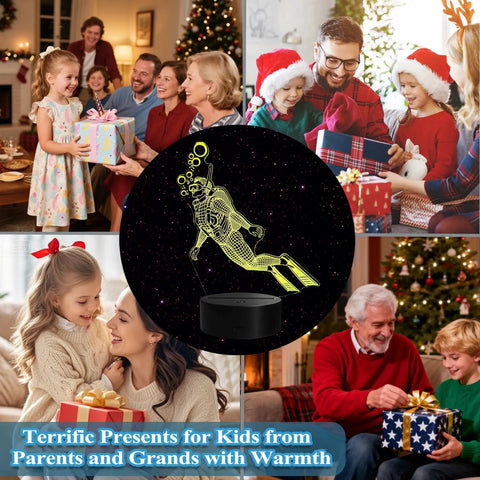 Scuba Night Light 3D Illusion Lamp With Remote 16 RGB Colors shown with family receiving Christmas gifts