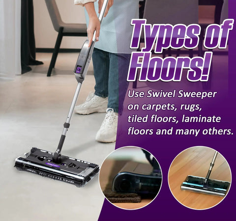 Lightweight Cordless Electric Sweeper With Quad Brush Design For No Sweat Floor Cleaning on tile floor and carpet.