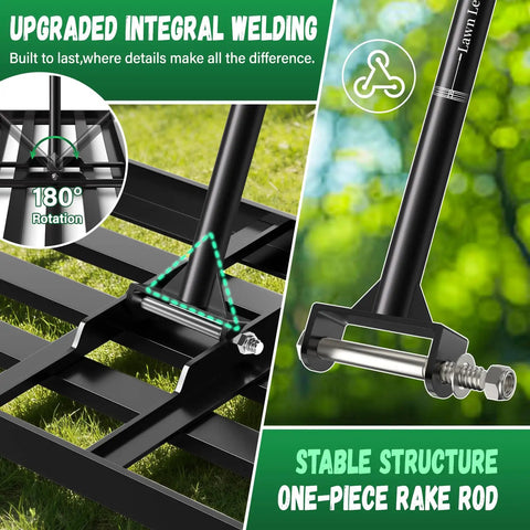 Close-up of Heavy Duty Lawn Leveling Rake With 78 Inch Long Handle showing integral welds and rake rod stability