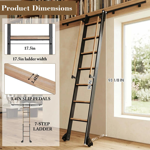 Rolling Library Ladder With Six Point Six Foot Sliding Track And Ninety Six Inch Telescoping Aluminum Ladder On Wheels With Handrail For Bookshelves Loft And Closet Space Saving Rail Mounted Design Heavy Duty Yet Lightweight, 7-step