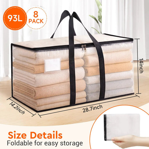 Heavy Duty Moving Totes 8 Pack 93L Extra Large Storage Bags with Zipper and Cross Stitched Handles. Size details shown.
