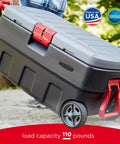 User moving ActionPacker 35 Gallon Lockable Storage Bin With Wheels Built For Rugged Outdoor Adventures Beat The Elements Heavy Duty Rainproof