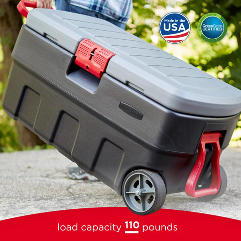 User moving ActionPacker 35 Gallon Lockable Storage Bin With Wheels Built For Rugged Outdoor Adventures Beat The Elements Heavy Duty Rainproof