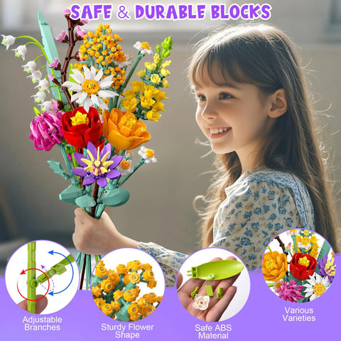 Epic Flower Bouquet Building Set With 1070 Pieces DIY Botanical Blocks For Home And Office Decor, Gift For Adults And Kids Ages 8 Plus Great Gift For Birthday And Valentine's Day Or Graduation Celebrations For Craft Lovers. Girl holding colorful ABS flower block bouquet