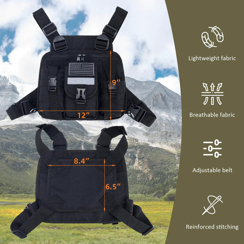 Black Work Ready Radio Chest Harness for Walkie Talkies with adjustable nylon straps and pouch, shown in front and back views.
