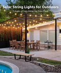 Outdoor Solar String Lights With Remote No Outlet Needed, 106 Ft Total Length, 100 Ft Lights And 6 Ft Panel Lead in patio setting.