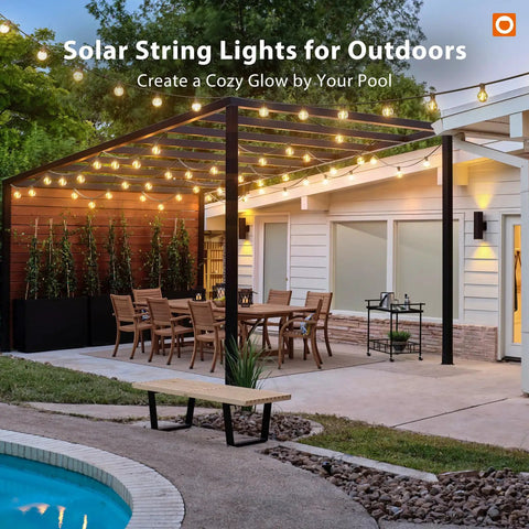 Outdoor Solar String Lights With Remote No Outlet Needed, 106 Ft Total Length, 100 Ft Lights And 6 Ft Panel Lead in patio setting.