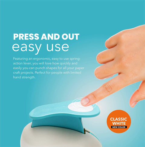 Hand using 3 Inch Circle Punch For Scrapbooking Card Making And DIY Craft Projects With Ergonomic Spring Action Lever Delivers Crisp Circles Every Time Great For Photos Albums And Greeting Cards In Classic White