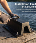 Rugged Rubber Bolt Down Dock Protection for marinas and piers, being easily installed on wooden pier with wrench by water.