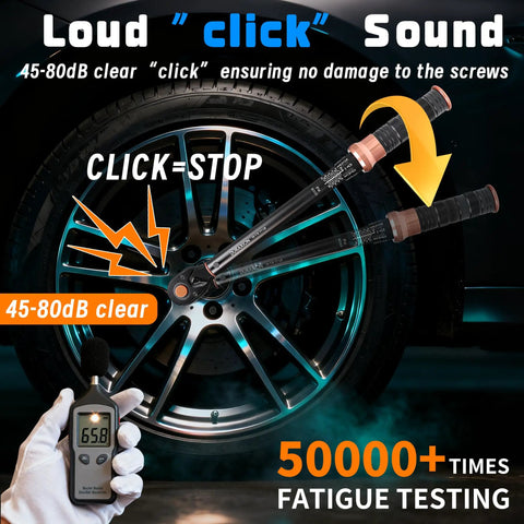 Half Inch Drive Torque Wrench Pro Grade With Dual Range Scales 10 To 170 Ft Lb 13.6 To 230.5 Nm in use on car wheel