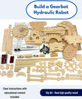 DIY Hydraulic Gearbot Kit: Wooden STEM Build with gears, levers, and launcher parts laid out, no batteries needed.
