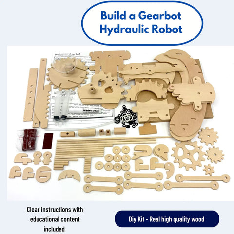 DIY Hydraulic Gearbot Kit: Wooden STEM Build with gears, levers, and launcher parts laid out, no batteries needed.