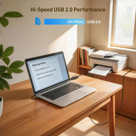 Active USB Extension Cable Sixteen Feet Four Inches Long USB Two Point Zero Extender connected from laptop to printer on desk