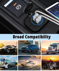 Dual USB 12V Marine Outlet With Switch, Waterproof Car Charger Mount shown charging devices in car with vehicle images.