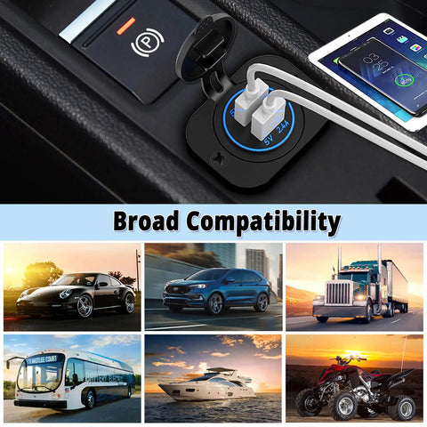 Dual USB 12V Marine Outlet With Switch, Waterproof Car Charger Mount shown charging devices in car with vehicle images.