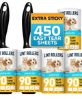 Pet Hair Lint Roller Set For Couch Clothes Furniture And Carpet With Sticky Peel Sheets Easy To Use And Removable Quickly Remove Dog Hair Cat Hair Animal Fur And Fuzz From Upholstery And Garments Includes 5 Large Rollers For Delicate Surfaces, showing 450 easy tear sheets and two handles.