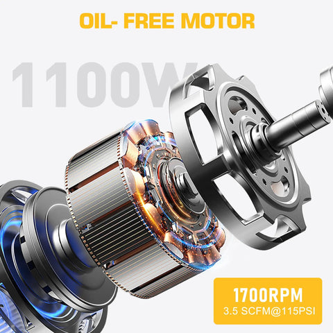 Close-up of the oil-free motor of a Heavy Duty Portable Air Compressor 9L 115 Psi showcasing 1100W and 1700RPM.