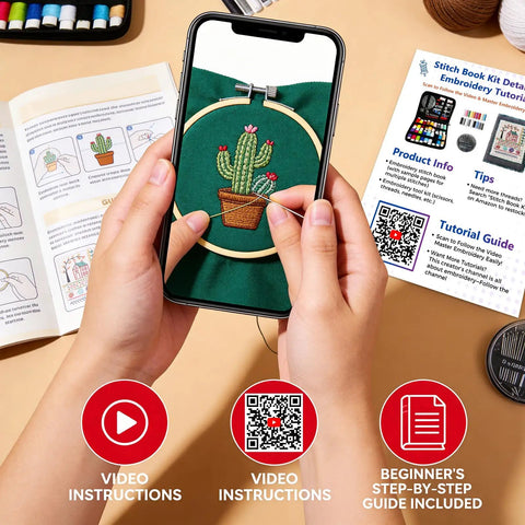 Person using 2026 Upgraded Removable Stitch Book Kit With Extra Thick Threads, Needles, Threader, Thimble Sewing Tool, DIY Embroidery Stitch Bo-ok Kit, 108 Patterns For DIY And Sew Enthusiasts, viewing tutorial on phone with cactus embroidery.