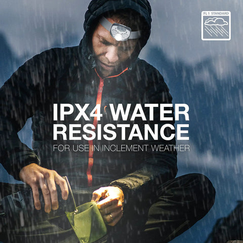 Person wearing Vision HD LED Headlamp Pro Two Pack IPX4 Water Resistant Head Light in rain with waterproof gear.