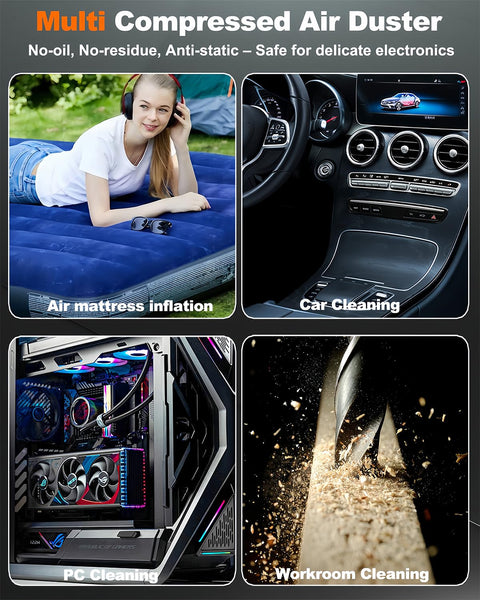 Powerful Cordless Air Duster With 110000 RPM Brushless Motor, demonstrating versatility in car, PC, workroom, and air mattress cleaning.