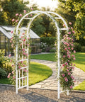 Heavy Duty PVC Garden Arbor Arch For Plant Climbing, 94 Inch Tall Backdrop Stand With Wide Entryway, white, in a garden setting