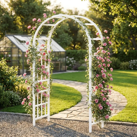 Heavy Duty PVC Garden Arbor Arch For Plant Climbing, 94 Inch Tall Backdrop Stand With Wide Entryway, white, in a garden setting