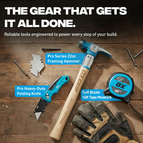 Framing Hammer 22 Oz With Milled Face And Curved Hickory Wood Handle, Steel Overstrike Protection, Pro Grade Carpenter Tool shown on table