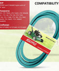 Beefed Up Half Inch Wide 82 Inch Drive Belt With Aramid Cord for lawn tractors shown against compatibility list background.
