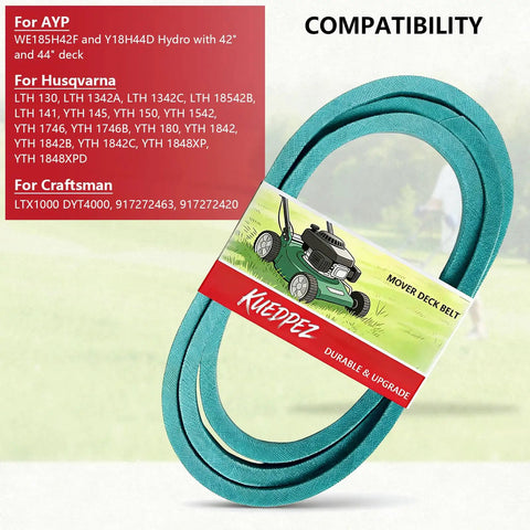 Beefed Up Half Inch Wide 82 Inch Drive Belt With Aramid Cord for lawn tractors shown against compatibility list background.