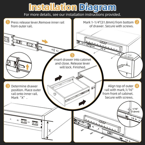 Installation diagram for 1 Pair 24 Inch Soft Close Drawer Slides Side Mount, 3 Fold Full Extension Ball Bearing Heavy Duty Built To Last Cabinet Drawer Glides, Quiet Smooth Close Kitchen Cabinet Rails, 100 LB Capacity