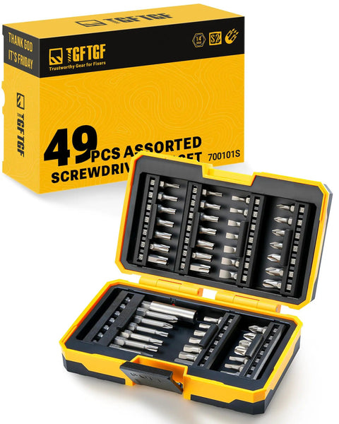 49 Piece S2 Steel Screwdriver Bit Set With Magnetic Driver open in non-slip box showing organized arrangement of bits.