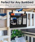 Bedside Caddy Organizer With Four Pockets Hanging Nightstand Storage attached to a bunk bed, holding a tablet, remotes, and cables.