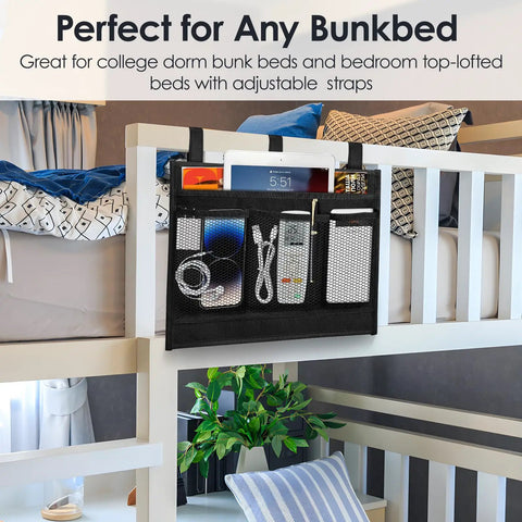Bedside Caddy Organizer With Four Pockets Hanging Nightstand Storage attached to a bunk bed, holding a tablet, remotes, and cables.