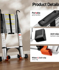 Telescoping Ladder Pro 24.6 Ft With 330 Lbs Capacity, EN 131 Certified, No Standing Zone Top Rungs, Heavy Duty Aluminum, Easy Extend Mechanism, Safe And Stable Ladder For Indoor And Outdoor Projects, folded with grip handle and anti-slip caps