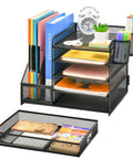 Five Tier Desk Organizer With File Holder And Drawer, Mesh Letter Tray Office Organizer With Two Pen Holders And Magazine Holder