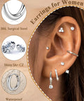 Lightweight Hypoallergenic Silver Earring Stacks For Women 7 Pair Set Lets You Mix And Match CZ Studs Ear Jackets Ball Studs Butterflies Hoops And More In Stainless Steel For Sensitive Ears on model ear