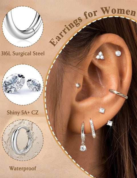 Lightweight Hypoallergenic Silver Earring Stacks For Women 7 Pair Set Lets You Mix And Match CZ Studs Ear Jackets Ball Studs Butterflies Hoops And More In Stainless Steel For Sensitive Ears on model ear