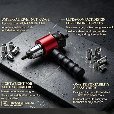 Premium High Carbon Steel Electric Rivet Gun Adapter Kit For Cordless Drill Metric M3 To M8 Rivnut Tool With Clutch Pressure Adjustment To Stop Slipping Perfect Heavy Duty Nutsert Attachment For Serious DIY Projects And Pros; compact red adapter with M3-M8 nuts