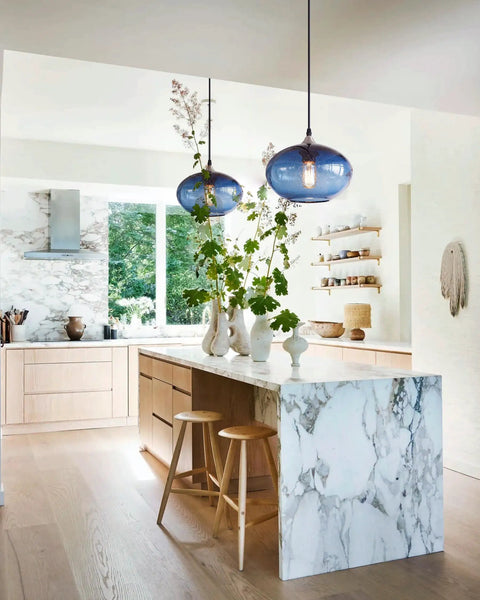 Pendant Lights Kitchen Island Hand Blown Glass UFO Ceiling Light Fixture with Seeded Bubbles above modern rustic kitchen.