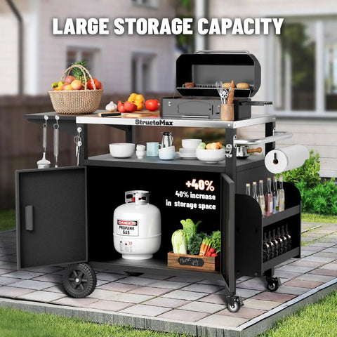 Outdoor Grill Cart With Cabinet And Locking Wheels, Extra Wide Stainless Steel Prep Table, Large Spice Rack, Weatherproof Kitchen Island For BBQ, Cooking And Prep Station with open storage showcasing dishes and condiments on patio.