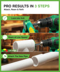 Pro Grade Heavy Duty PVC Pipe Reamer Kit For DIYers And Pros, 9 Size Range From Half Inch To Four Inch in use with a drill