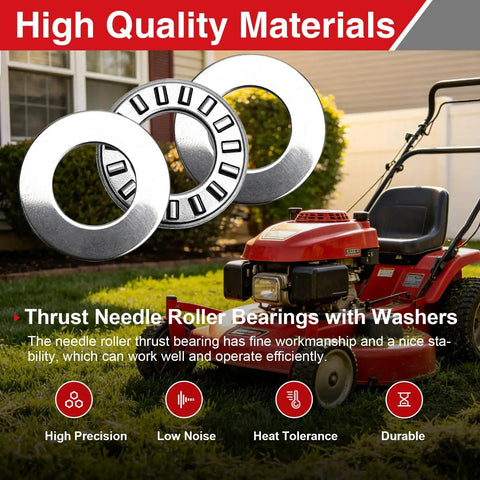 Heavy Duty Thrust Needle Roller Bearings With Washers, Two Sets, One Half Inch Bore, in front of a red lawn mower