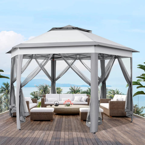 13x13 Pop Up Hexagonal Gazebo With Mesh Walls And Double Tiers No Fuss Setup Patio Shade Shelter for lawn garden backyard and deck weather resistant all season canopy tent in gray with furniture inside.