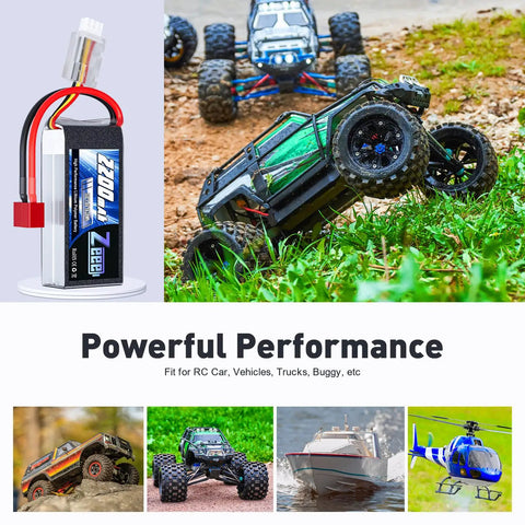 2S 2200mAh Shorty Lipo Battery 7.4V 50C with T Connector and RC vehicles showcasing powerful performance off-road and on water
